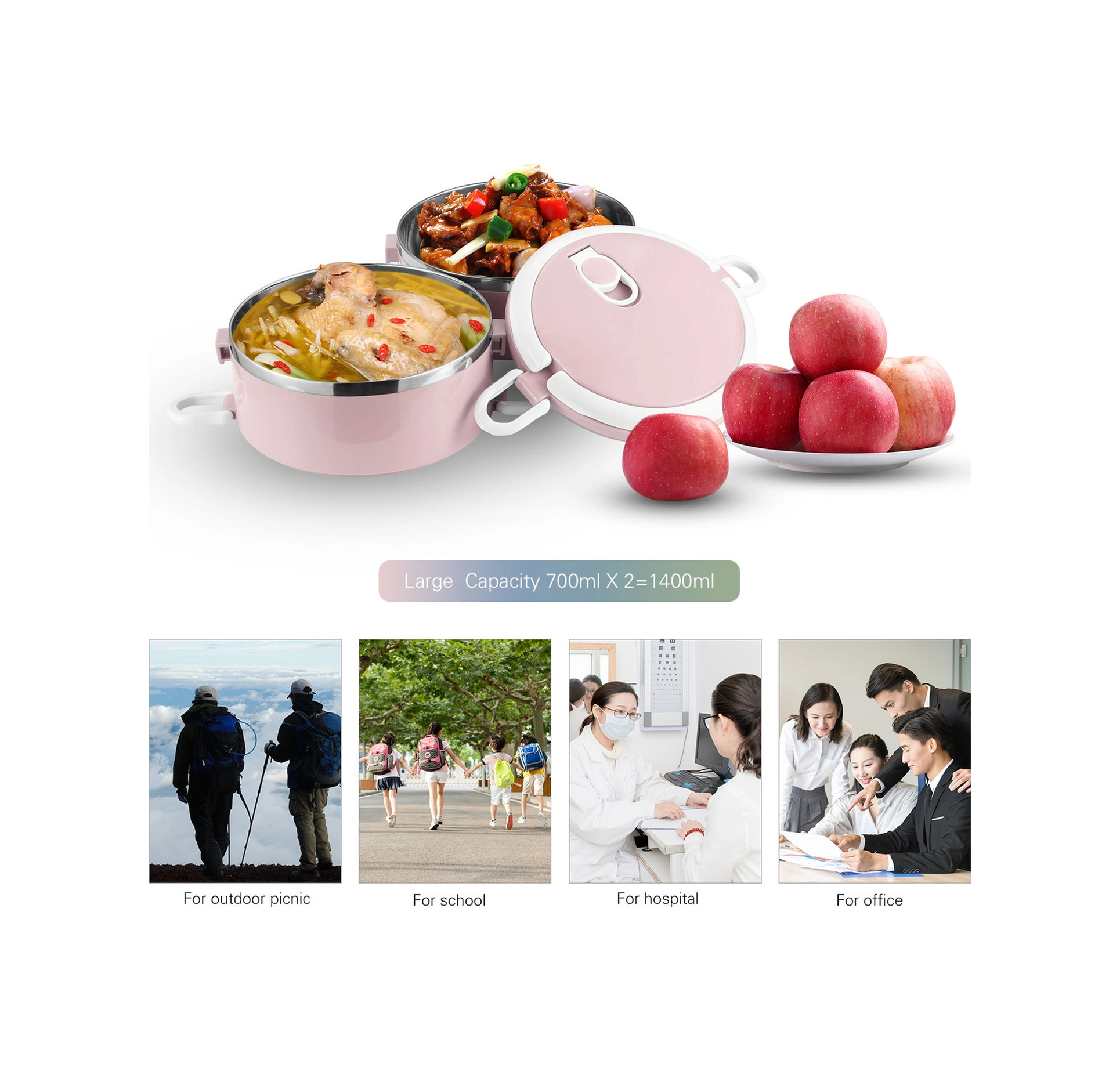 Geeksen Mavi 1.4l İki Katlı Termoslu Yemek Kutusu, Taşınabilir, Gıda Grubu Paslanmaz Çelik İç Kabuklu Mavi