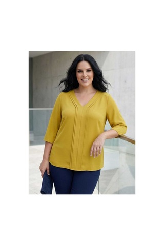 Hanezza Büyük Beden Şık V Yaka Nervur Detaylı Jessica Krep Bluz Olive - 4035099 Olive