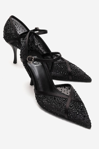 Luvishoes Rachel Siyah Saten Taş Detaylı Fileli Kadın İnce Topuklu Abiye Ayakkabı
