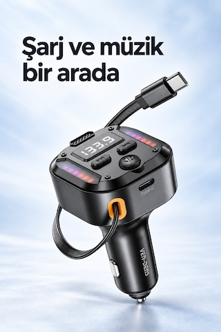 Ven-dens Vd-fm011 Bluetooth 5.3 Araç Fm Transmitter Cihazı, 40,5 W Toplam Çıkış, 75 Cm Geri, Siyah