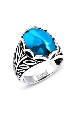 Kuyumcudukkanı Düz Oval Kubbe Kesim Taşlı Gümüş Erkek Yüzük-60007-w-blu 27 Beyaz