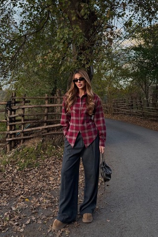 Kahverengi Bağlama Detaylı Ekoseli Gömlek - 25250 Kahverengi