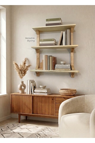 Modern 3 Katlı Ahşap Duvar Rafı Dekoratif Masif Ahşap Kitaplık Ve Duvar Rafı Bej