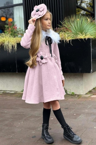 Riccotarz Kız Çocuk Kürk Yakalı Önü Çiçek Ve Elmas Taş Detaylı Pudra Kaşe Pudra