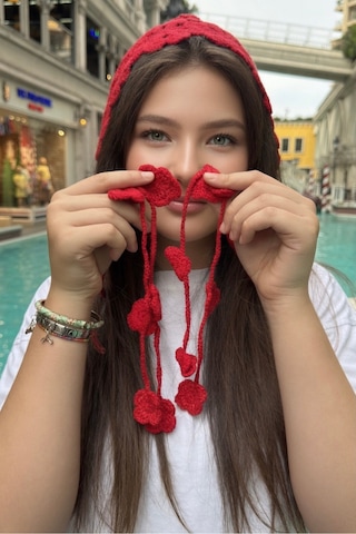 Mollycrush Kırmızı Yazlık Çiçek Motifli Örgü Bandana Kadın Plaj Hair Band Kırmızı