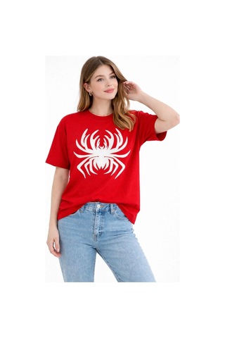 Wear Vexel Kadın Örümcek Baskılı Tişört Kısa Kollu Bisiklet Yaka T-shirt - Kırmızı Kırmızı