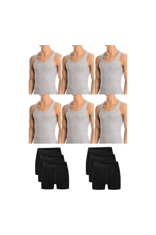 Erkek Pamuklu 6'lı Gri Atlet Ve 6'lı Siyah Boxer 12 Parça Set