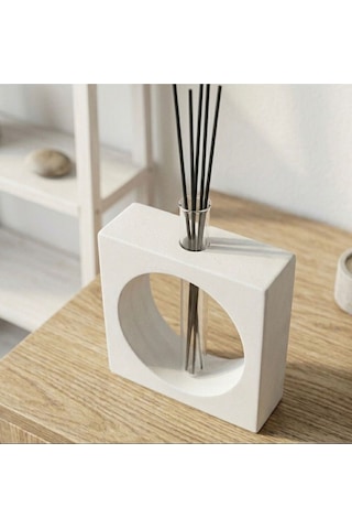 Beyaz Taş Tozu Geometrik Difüzör Ve Vazo Seti - Minimalist Kare Cam Tüp Oda Kokusu Standı Beyaz
