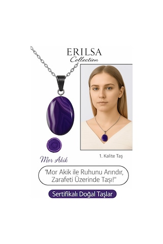 Erilsa Sertifikalı Oval Mor Akik Taşı Kolye Gümüş Aparatlı Doğal Şifa Çok Renkli