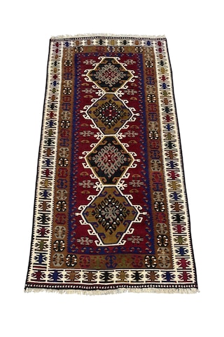 El Dokuması Uşak Eşme Kilimi 120x230 Kök Boyası %100 Doğal Yün Kilim Renkli