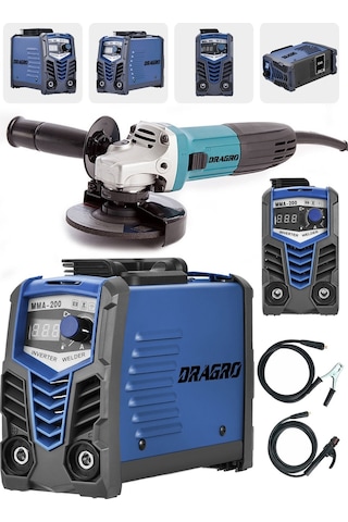 Dragro Technology DRG-200kynk Mavi Çift Kartlı 200 Amper Invertör Kaynak Makinası 3000 W Taşlama 2li Set