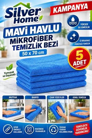 Silver Home Mavi Havlu Mikrofiber Temizlik Bezi 50x70 Cm 5 Adet