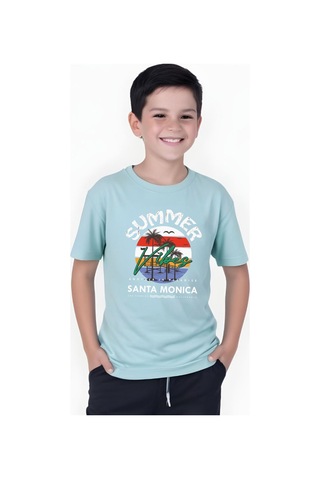 Summer Baskılı Erkek Çocuk Yuvarlak Yaka Kısa Kollu T-shirt Mint Yeşili