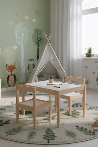 Montessori Çocuk Ahşap Etkinlik Masası Seti - 2 Sandalyeli Krem