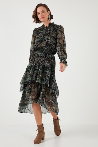 Lela Regular Fit Yaka Detaylı Volanlı Şifon Midi Bayan Elbise 611El1448 Yeşil