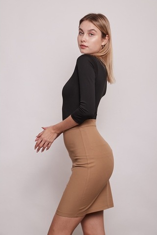 Yüksek Bel Diz Üstü Şık Kumaş Kalem Etek-Camel