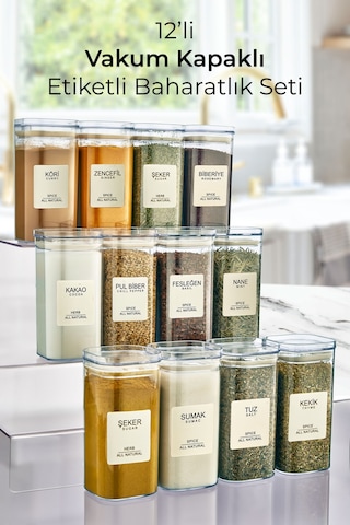 KitchenLife Gold Etiketli Akrilik Vakumlu Kare Baharatlık Seti 12'li 300 ML Şeffaf