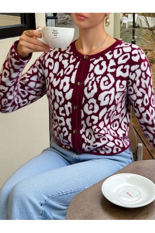 Newco Trend Moda Leopar Desen Bordo Crop Triko Örme Hırka - Bordo Bordo