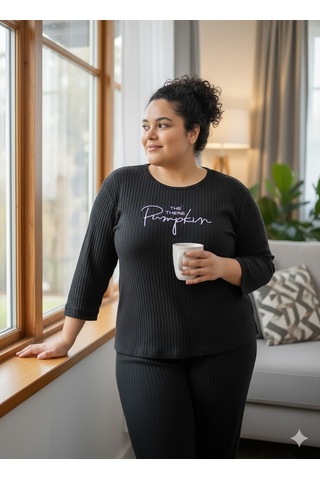 Kadın Siyah Pumpkin Pijama Takımı Siyah