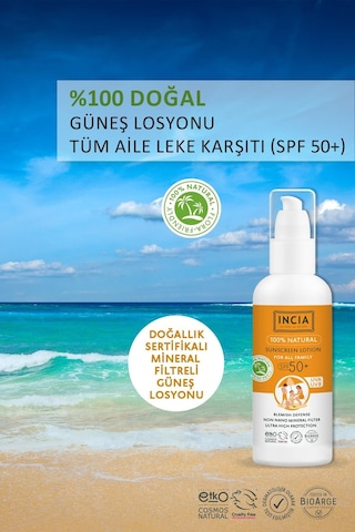 INCIA %100 Doğal Organik Tamanu Yağlı Güneş Losyonu Mineral Filtreli Tüm Aile İçin SPF 50+ 100 ML