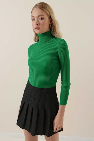 Onno Style Women Fitilli Balıkcı Yaka Basic Kazak Yeşil