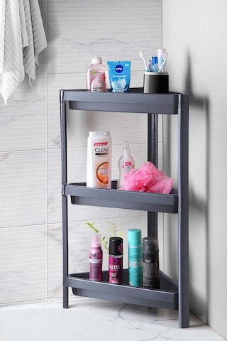 3 Katlı Üçgen Köşe Rafı - Banyo, Mutfak, Balkon, Kiler Düzenleyici Raf - Antrasit Antrasit