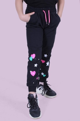 Kalp Ve Yıldız Desen Detaylı Kız Çocuk Siyah Eşofman Altı Siyah