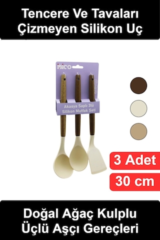 Mutfak Ergonomik Akasya Ahşap Saplı 3'lü Silikon Mutfak Seti Kepçe Kaşık Spatula Isıya Dayanıklı Te