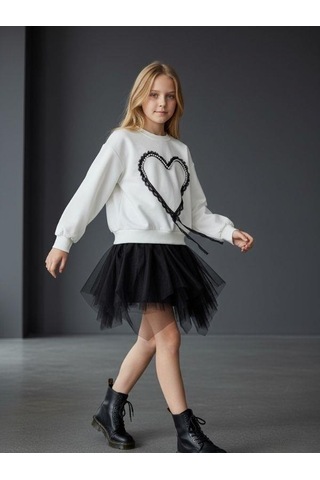 Kız Çocuk Oversize Kalp İşlemeli Tasarım Sweatshirt-16469 Ekru