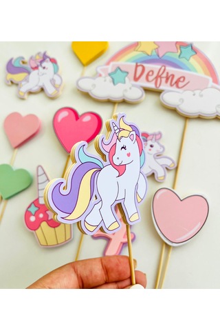 Unicorn Temalı İsme Özel Kız Çocuk Doğum Günü Pasta Süsü Seti