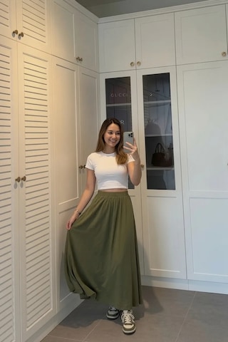 Kadın Haki Poplin Kumaş Uzun Etek Beli Lastikli Günlük Maxi Etek 90 Cm