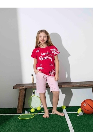 Kız Çocuk Desenli Kırmızı Şortlu Pijama Takımı-1257 Kırmızı