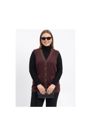 Onno Style Women Bantı Hasır Desenli Çelik Örgü Klasik Triko Yelek Bordo