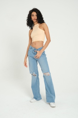 Hiccup Halter Boyunlu Fitilli Temel Crop Top Soluk Turuncu