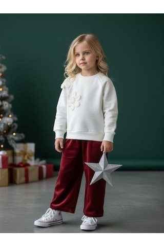 Kız Çocuk Pamuklu Boncuklu Sweatshirt-16578 Ekru