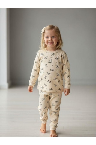 Kız Çocuk Pamuklu Fiyonklu Pijama Takımı-16829 KREM