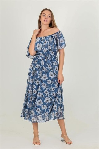 Neşeli Butik Kadın Madonna Yaka Kuşaklı Desenli Şifon Elbise Ry10037 Indigo