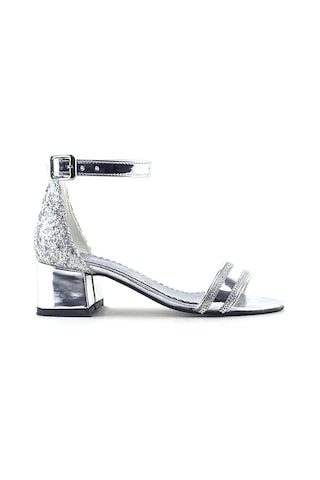 Elsa Gümüş Aynalı Simli Kalın Topuklu Parlak Taşlı Kız Çocuk Abiye Ayakkabı Gümüş