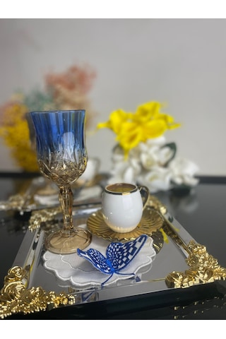 6'lı Kelebek Desenli Nakış Keten Kahve Yanı Kokteyl Sunum Peçete