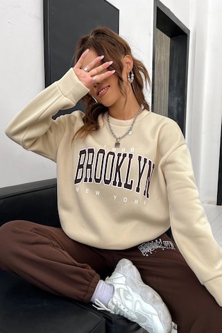 Modagen Kadın Kahverengi Bej Brooklyn Baskı Oversize Bisiklet Yaka Alt Üst Eşofman Takımı Kahverengibej