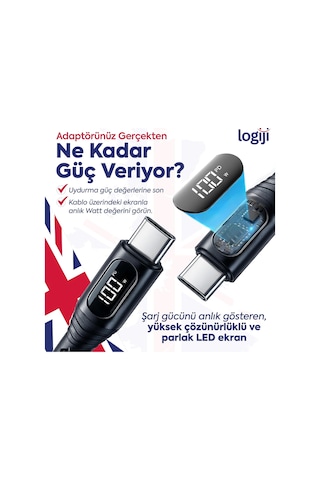 Lexroo 100w Type-c To Type-c Dijital Led Ekranlı Göstergeli Hızlı Şarj Kablosu E-mark Çipli Standart