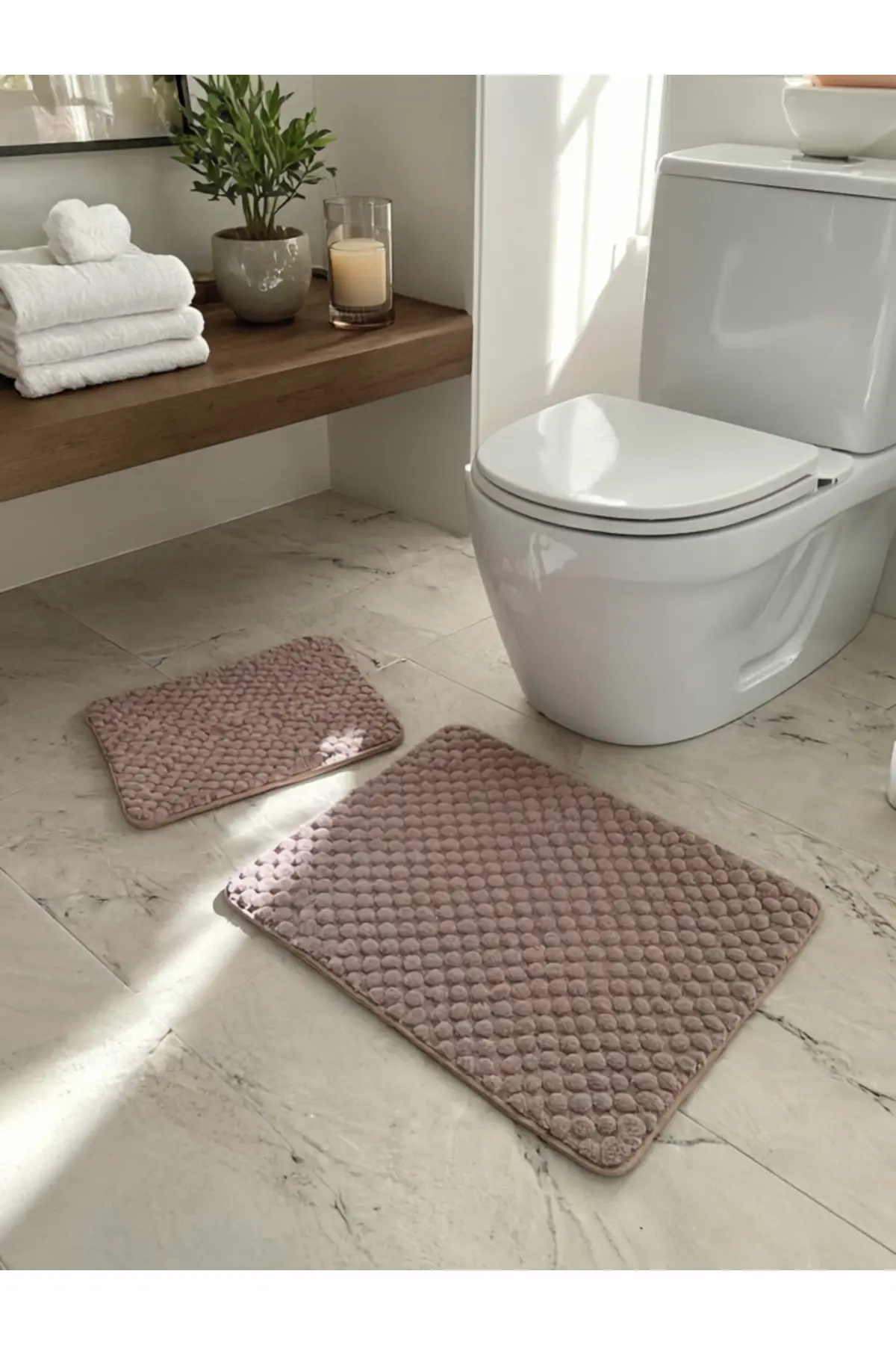 2'li Toz Pembe Banyo Paspas Takımı Klozet Takımı Kaymaz Tabanlı , 40x50 & 50x90 Cm Yumuşak Pembe