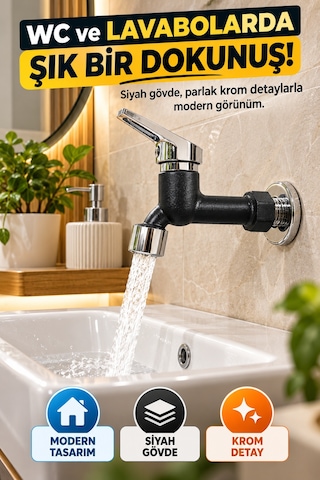 Siyah Plastik Bahçe Wc Musluğu Filtreli Perlatörlü Tek Kollu Aç Kapa Duvar Tipi Lavabo Su Musluğu Ev