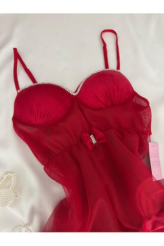 Mh Moony Homewears Kutulu Kıpkırmızı Kadife Lüks Taş Detay Gecelik Kırmızı