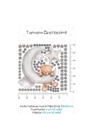 Ayda Sallanan Sevimli Ayıcık Puantiye Ve Yıldızlar Çocuk Bebek Odası Sticker Seti