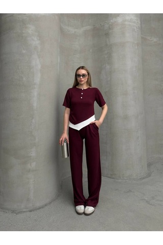 Kadın Modal Kumaş Düğme Detaylı Alt - Üst Takım Bordo