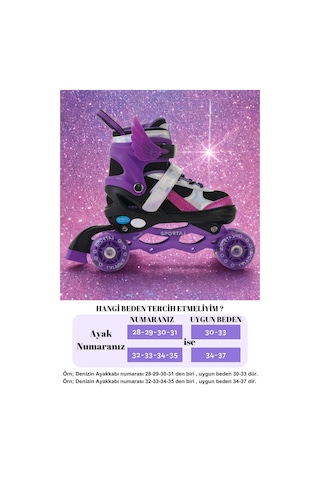 Melek Kanatlı Işıklı Çocuk Pateni Ve Dizlik Seti Silikon Teker Ayarlanabilir Paten Çantalı Mor Mor
