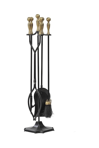 5 Li Lüx Ithal Döküm Gold Prinç Topuz Başlıklı Şömine - Soba Maşa Takımı Aksesuar Seti