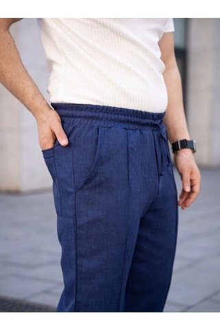 Erkek Keten Cepli Çıma Dikişli Jogger Buggy Pantalon Rahat Kalıp - Lacivert Lacivert