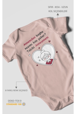 Annemden Başka Nazımı Kim Çeker Tabiki Annanem Baskılı Bebek Zıbını Çıtçıtlı Body Kısa Kol Pastel Pembe